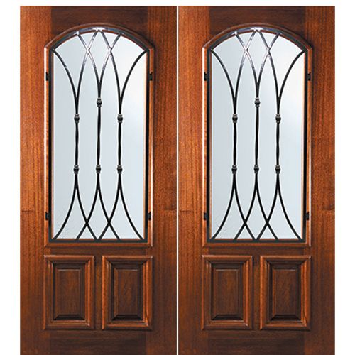 6'-8" Tall Mahogany Arch Lite Double Doors with Warwick Wrought Iron Grille