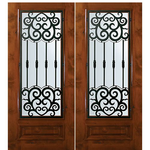 6'-8" Tall Knotty Alder 3/4 Lite Double Doors with Barcelona Wrought Iron Grille