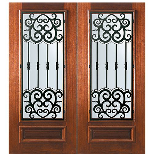 6'-8" Tall Mahogany 3/4 Lite Double Doors with Barcelona Wrought Iron Grille