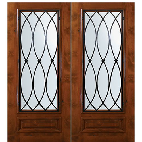 6'-8" Tall Knotty Alder 3/4 Lite Double Doors with La Salle Wrought Iron Grille