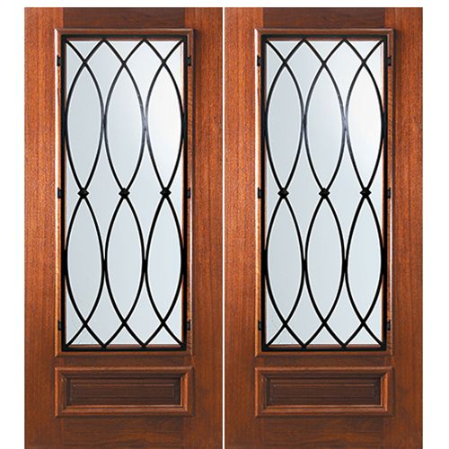 6'-8" Tall Mahogany 3/4 Lite Double Doors with La Salle Wrought Iron Grille