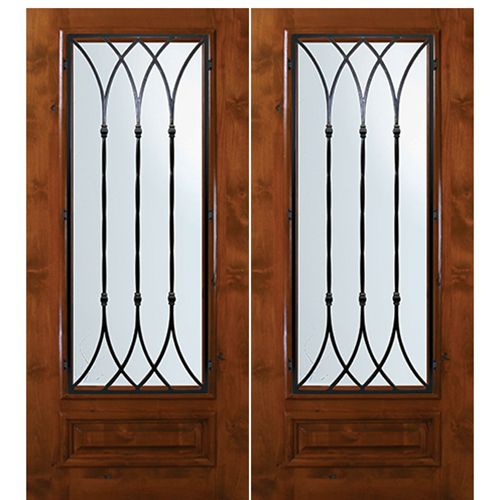 6'-8" Tall Knotty Alder 3/4 Lite Double Doors with Warwick Wrought Iron Grille