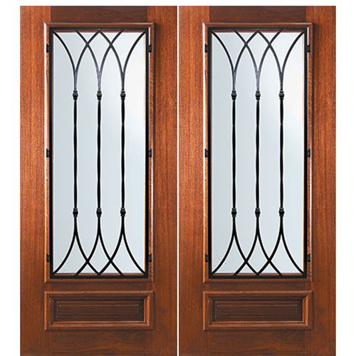 6'-8" Tall Mahogany 3/4 Lite Double Doors with Warwick Wrought Iron Grille