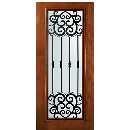 6'-8" Tall Knotty Alder Full Lite Door with Barcelona Wrought Iron Grille