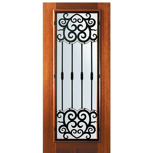 6'-8" Tall Mahogany Full Lite Door with Barcelona Wrought Iron Grille