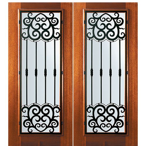 6'-8" Tall Mahogany Full Lite Double Doors with Barcelona Wrought Iron Grille