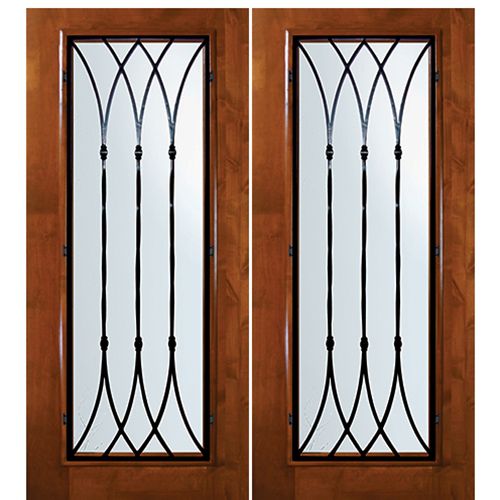 6'-8" Tall Knotty Alder Full Lite Double Doors with Warwick Wrought Iron Grille