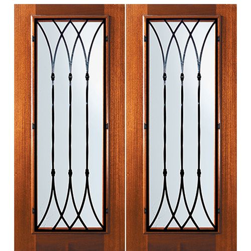 6'-8" Tall Mahogany Full Lite Double Doors with Warwick Wrought Iron Grille