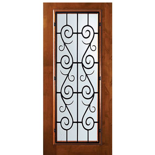 6'-8" Tall Knotty Alder Full Lite Door with St. Charles Wrought Iron Grille