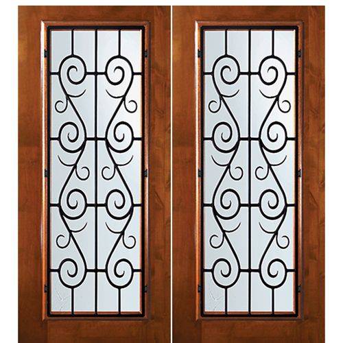 6'-8" Tall Knotty Alder Full Lite Double Doors with St. Charles Wrought Iron Grille