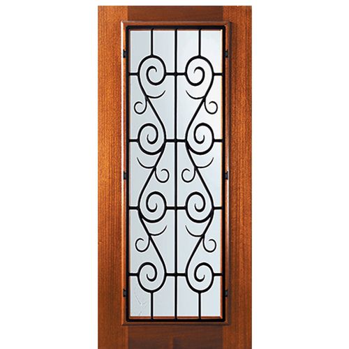 6'-8" Tall Mahogany Full Lite Door with St. Charles Wrought Iron Grille