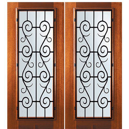 6'-8" Tall Mahogany Full Lite Double Doors with St. Charles Wrought Iron Grille