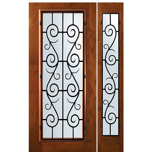 6'-8" Tall Knotty Alder Full Lite Door and One Sidelite with St. Charles Wrought Iron Grille