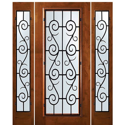 6'-8" Tall Knotty Alder Full Lite Door and Two Sidelites with St. Charles Wrought Iron Grille