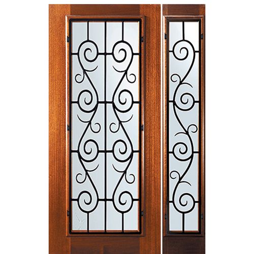 6'-8" Tall Mahogany Full Lite Door and One Sidelite with St. Charles Wrought Iron Grille