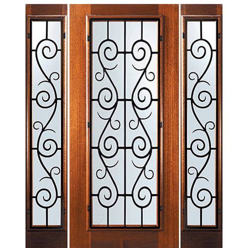 6'-8" Tall Mahogany Full Lite Door and Two Sidelites with St. Charles Wrought Iron Grille