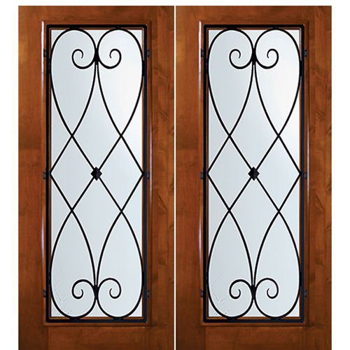 6'-8" Tall Knotty Alder Full Lite Double Doors with Charleston Wrought Iron Grille