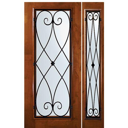 6'-8" Tall Knotty Alder Full Lite Door and One Sidelite with Charleston Wrought Iron Grille