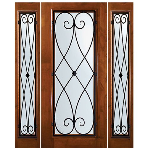 6'-8" Tall Knotty Alder Full Lite Door and Two Sidelites with Charleston Wrought Iron Grille