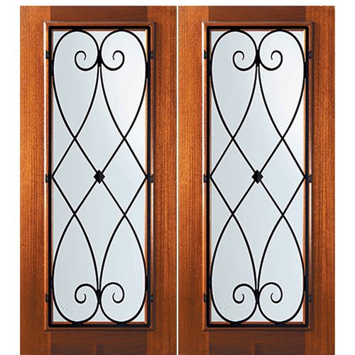 6'-8" Tall Mahogany Full Lite Double Doors with Charleston Wrought Iron Grille