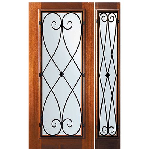 6'-8" Tall Mahogany Full Lite Door and One Sidelite with Charleston Wrought Iron Grille