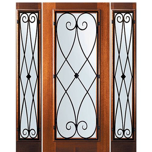 6'-8" Tall Mahogany Full Lite Door and Two Sidelites with Charleston Wrought Iron Grille