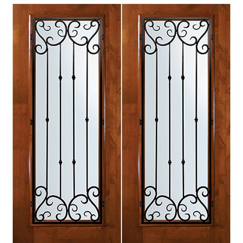 6'-8" Tall Knotty Alder Full Lite Double Doors with Valencia Wrought Iron Grille