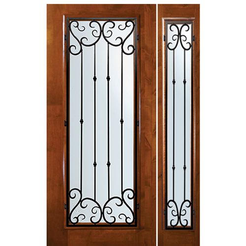 6'-8" Tall Knotty Alder Full Lite Door and One Sidelite with Valencia Wrought Iron Grille