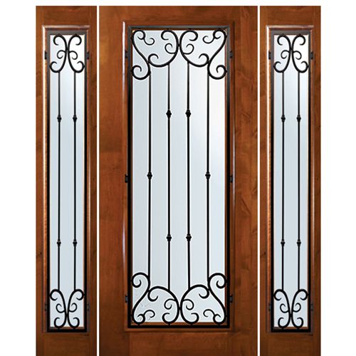 6'-8" Tall Knotty Alder Full Lite Door and Two Sidelites with Valencia Wrought Iron Grille