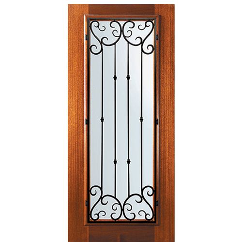 6'-8" Tall Mahogany Full Lite Door with Valencia Wrought Iron Grille