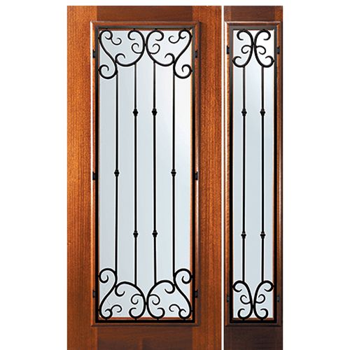 6'-8" Tall Mahogany Full Lite Door and One Sidelite with Valencia Wrought Iron Grille