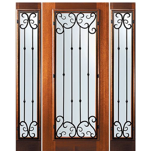 6'-8" Tall Mahogany Full Lite Door and Two Sidelites with Valencia Wrought Iron Grille