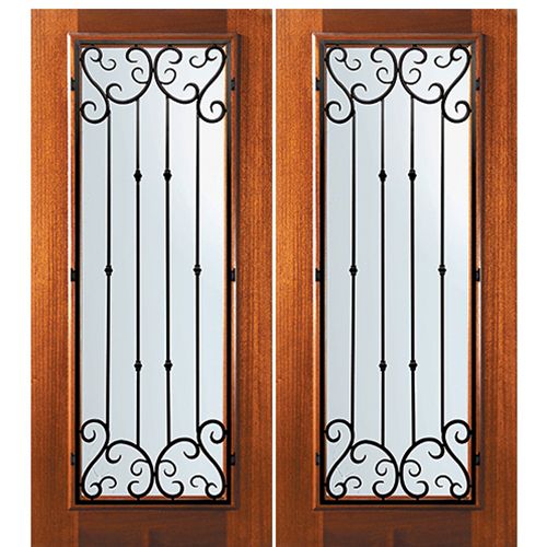 6'-8" Tall Mahogany Full Lite Double Doors with Valencia Wrought Iron Grille