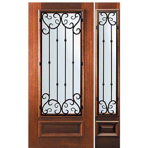 6'-8" Tall Mahogany 3/4 Lite Door and One Sidelite with Valencia Wrought Iron Grille