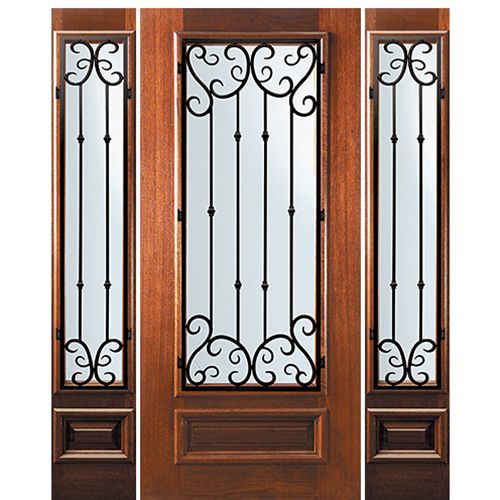 6'-8" Tall Mahogany 3/4 Lite Door and Two Sidelites with Valencia Wrought Iron Grille