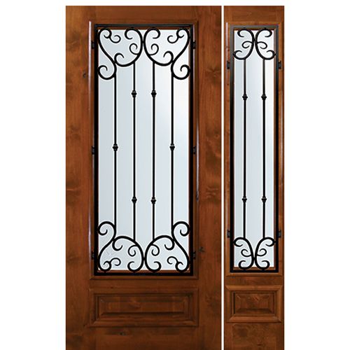 6'-8" Tall Knotty Alder 3/4 Lite Door and One Sidelite with Valencia Wrought Iron Grille