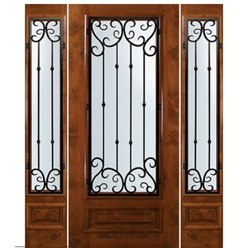 6'-8" Tall Knotty Alder 3/4 Lite Door and Two Sidelites with Valencia Wrought Iron Grille