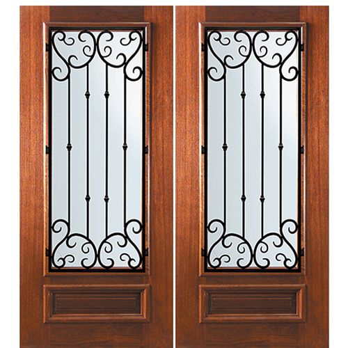 6'-8" Tall Mahogany 3/4 Lite Double Doors with Valencia Wrought Iron Grille