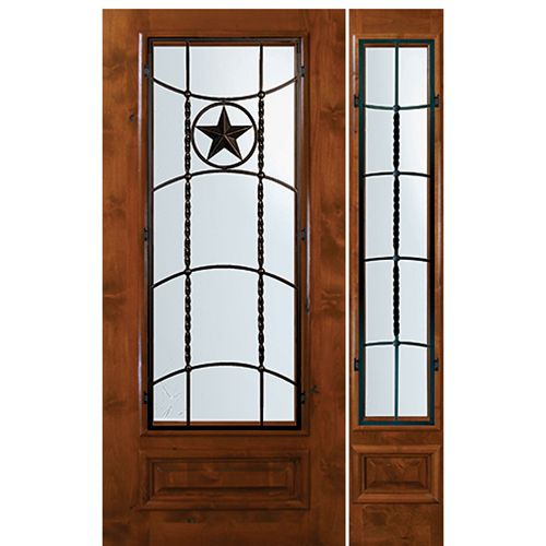 6'-8" Tall Knotty Alder 3/4 Lite Door and One Sidelite with Texan Lone Star Wrought Iron Grille