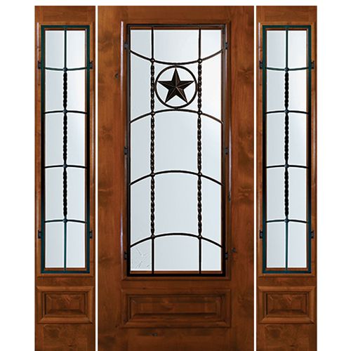 6'-8" Tall Knotty Alder 3/4 Lite Door and Two Sidelites with Texan Lone Star Wrought Iron Grille