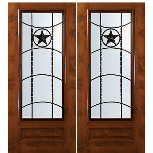 6'-8" Tall Knotty Alder 3/4 Lite Double Doors with Texan Lone Star Wrought Iron Grille