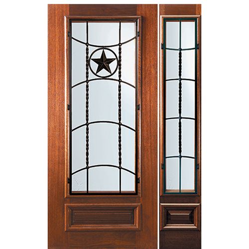 6'-8" Tall Mahogany 3/4 Lite Door and One Sidelite with Texan Lone Star Wrought Iron Grille