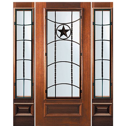 6'-8" Tall Mahogany 3/4 Lite Door and Two Sidelites with Texan Lone Star Wrought Iron Grille