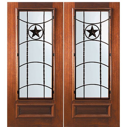 6'-8" Tall Mahogany 3/4 Lite Double Doors with Texan Lone Star Wrought Iron Grille