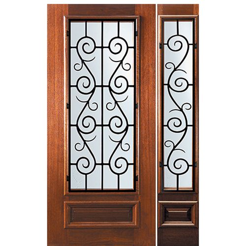 6'-8" Tall Mahogany 3/4 Lite Door and One Sidelite with St. Charles Wrought Iron Grille