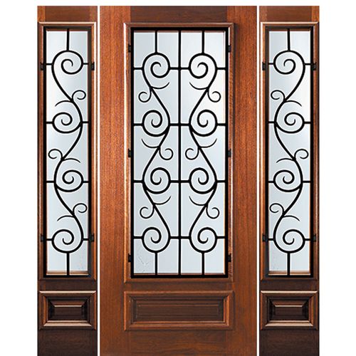 6'-8" Tall Mahogany 3/4 Lite Door and Two Sidelites with St. Charles Wrought Iron Grille