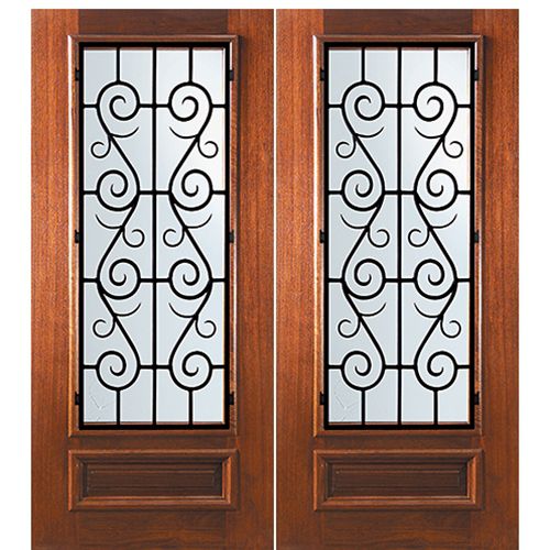 6'-8" Tall Mahogany 3/4 Lite Double Doors with St. Charles Wrought Iron Grille