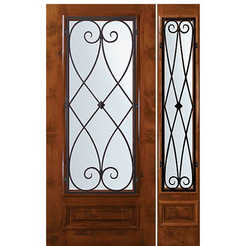 6'-8" Tall Knotty Alder 3/4 Lite Door and One Sidelite with Charleston Wrought Iron Grille