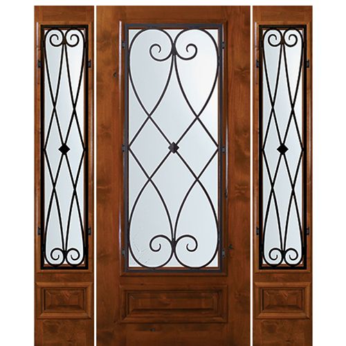 6'-8" Tall Knotty Alder 3/4 Lite Door and Two Sidelites with Charleston Wrought Iron Grille