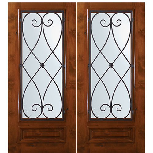 6'-8" Tall Knotty Alder 3/4 Lite Double Doors with Charleston Wrought Iron Grille